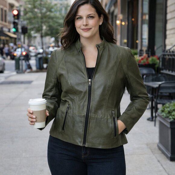 Marc New York Olive Leather Moto Jacket Zip Banded Collar Medium - Picture 16 of 16